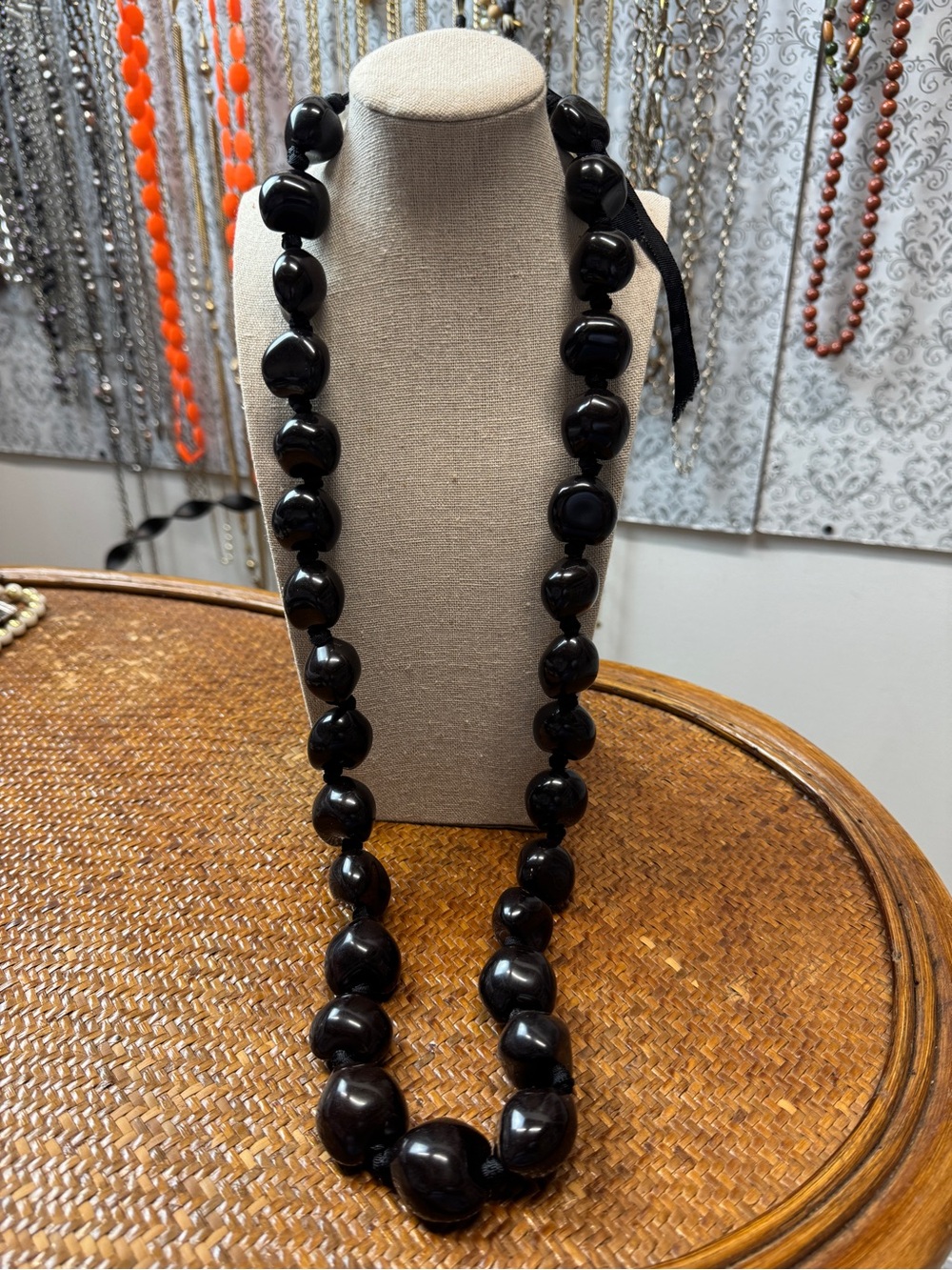 Brown Kikui Nut (candlenut) Lei Vintage Necklace with Ribbon Tie - Women Jewelry